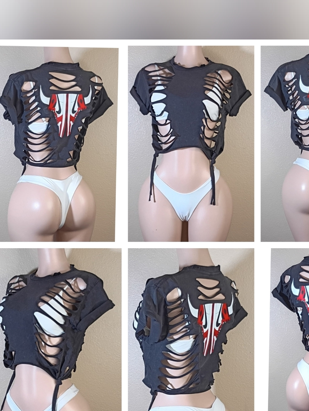 Black Distressed Cutout Crop Top with Graphic Back
